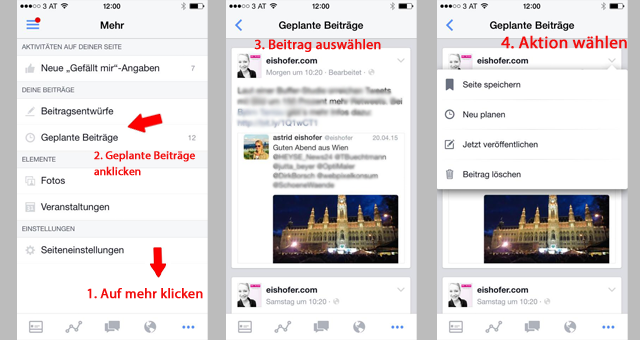 Facebook Seitenmanager - App: Beiträge Planen am iPhone.