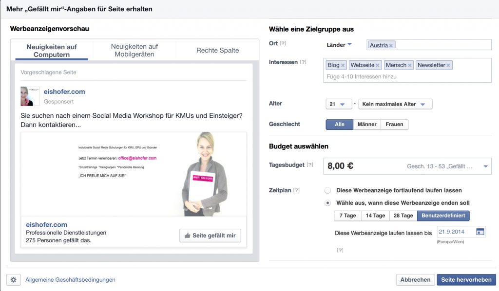 Facebook Seite hervorheben 